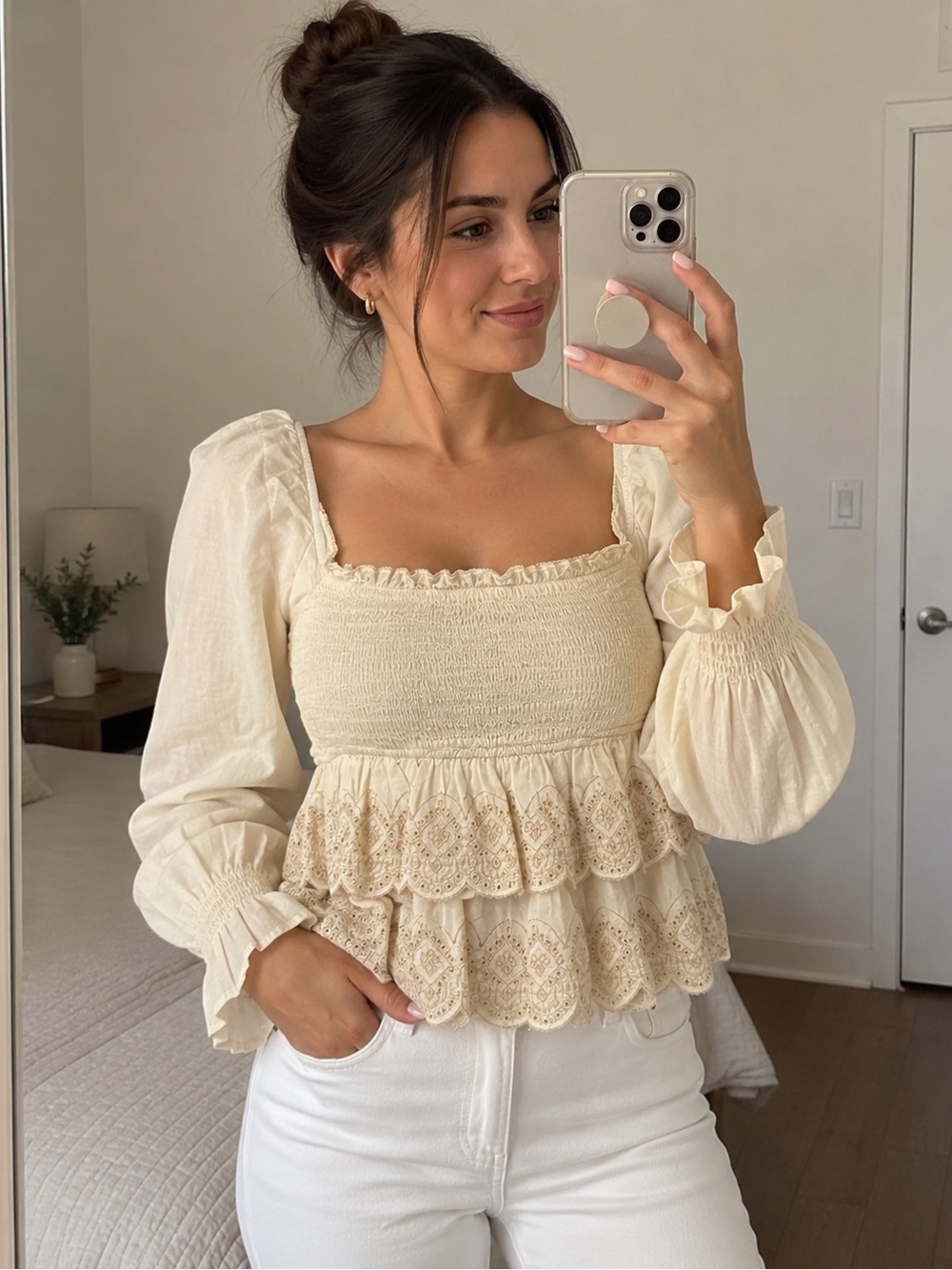 American Eagle Smocked Embroidered Peplum Blouse Cream Size S